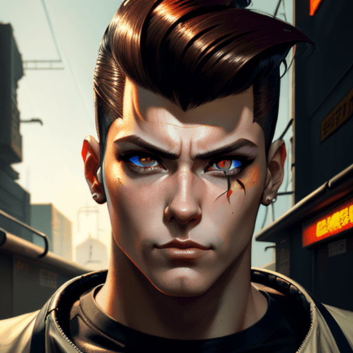 AI generated: Concept art guy in cyberpunk style, realism, bright big eyes, anime, painting, brown eyes, pompadour...