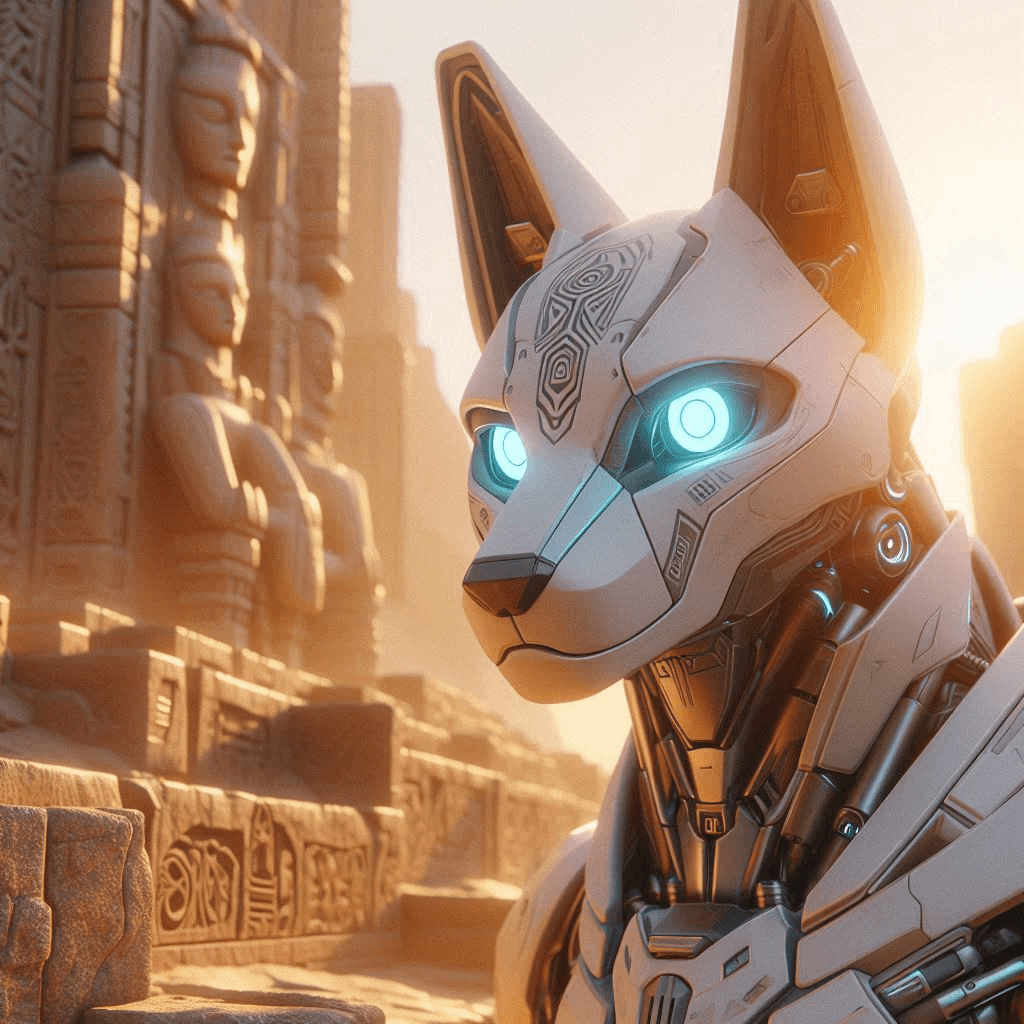 AI generated: Close-up professional cinematic 3D animation of a sleek, white coyote-shaped robot with glowing blue...