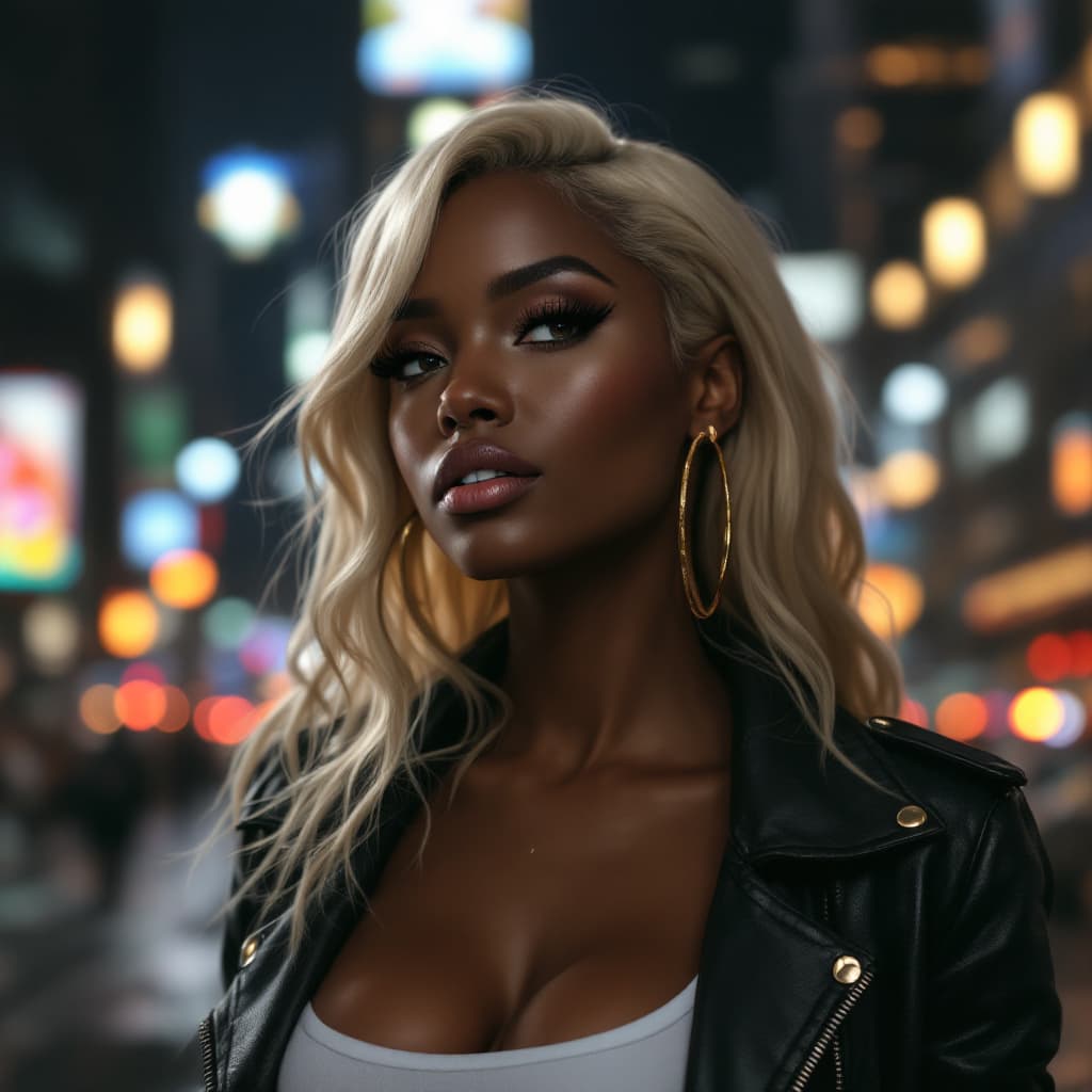 AI generated: Create a hyper-realistic African woman, wearing a leather jacket
and white top. Give her long blonde...
