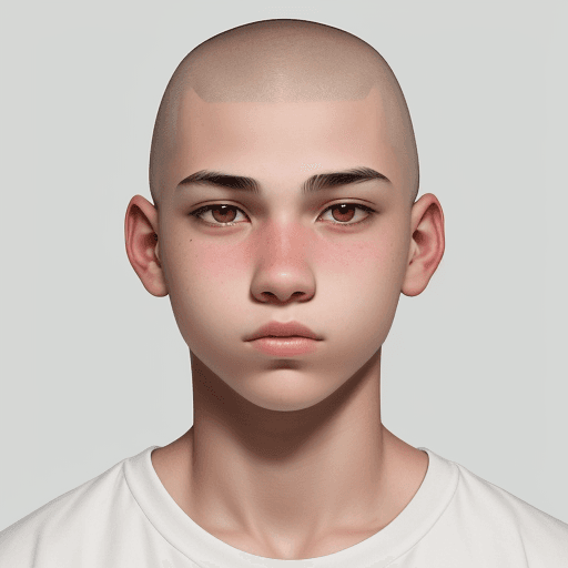AI generated: Image of a 18-year-old boy with a shaven head and mixed skin and rather round cheeks