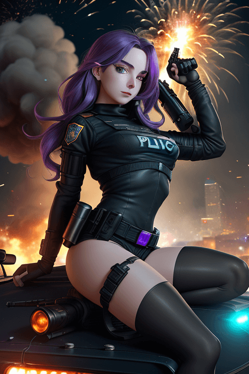 AI generated: caitlyn, on top of a police car, explosions behind her, fire, chaos, minigun, far view, bullet hell,...