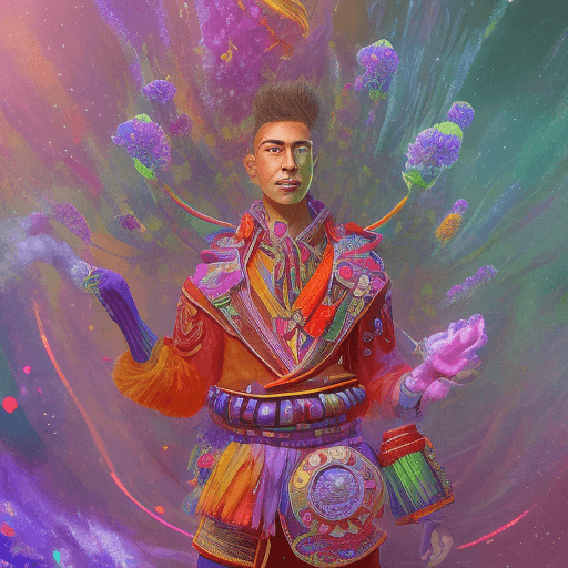 AI generated: a retro future shaman with purple coat building up colorful flaming energy on his hands, A garden of...