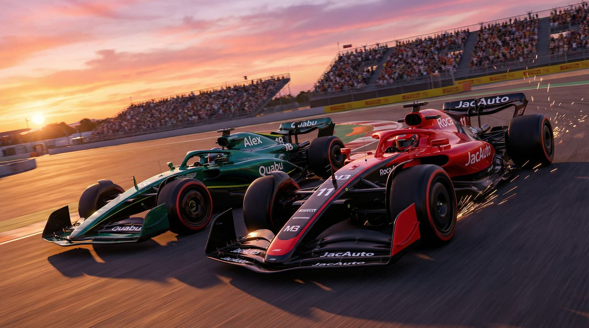 AI generated: A high-speed Formula 1 race is taking place on a professional circuit during a breathtaking sunset. ...