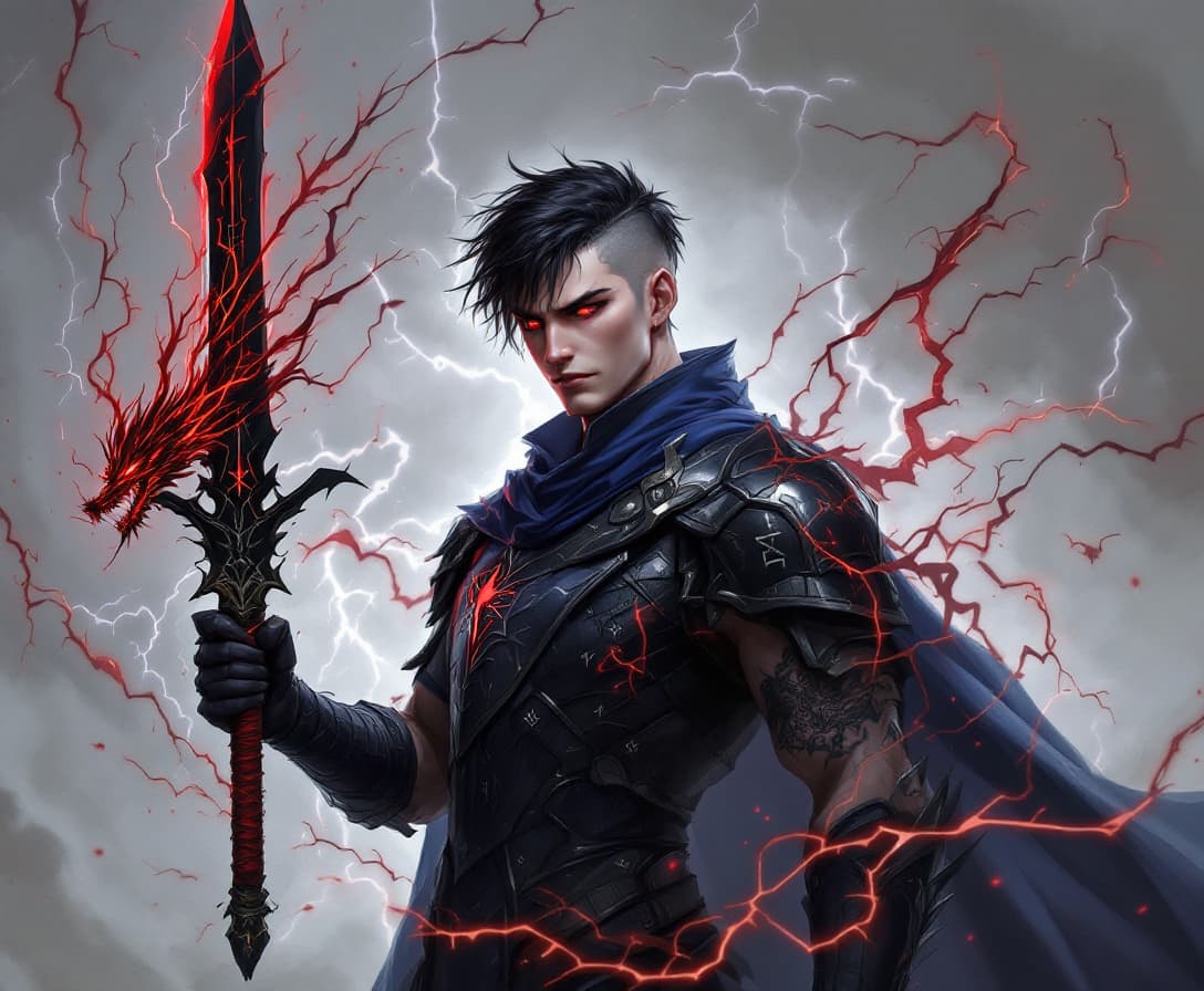AI generated: a man with light skin, short black hair, black armor with blue fabric, and a black sword with a red ...