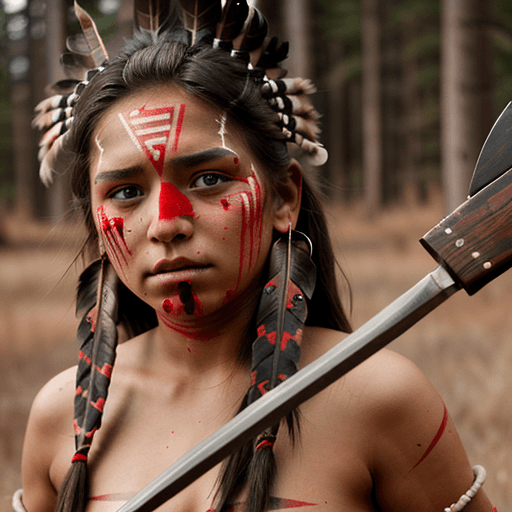 AI generated: A young angry American Indian princess holds a tomahawk in her hand, 8k, red face warpaint, 