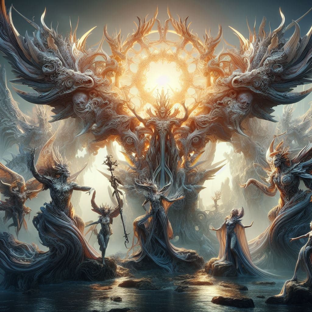 AI generated: Fantastic highly detailed creatures celebrating a new god in a world beyond our imagination,Greg Rut...