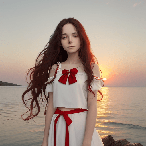 AI generated: A woman with long wavy hair in a white top with red trim and a small red bow at the neckline, standi...