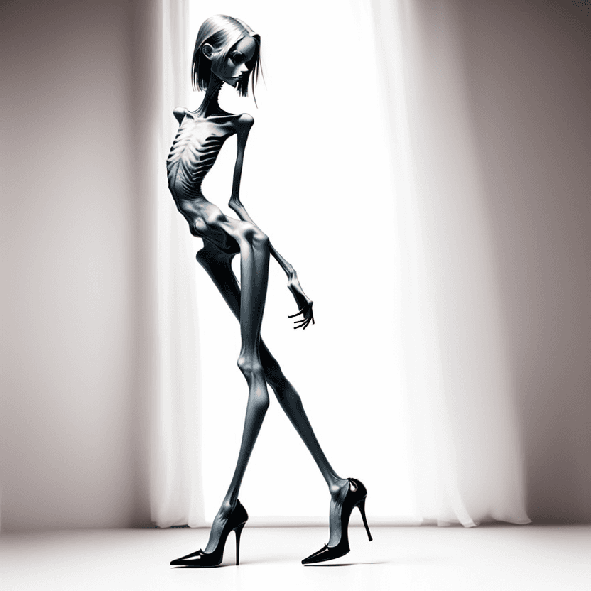 AI generated: naked very skinny anorexic legs in high heels, high heels, the tips of the shoes are very long towar...