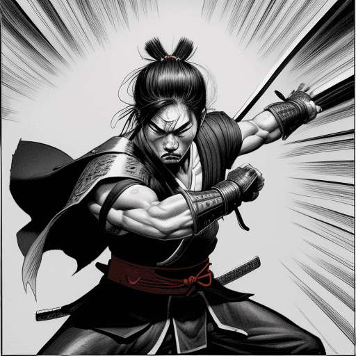 AI generated: Comic art, samurai, with swords, fight, tearing a paper wall, fierce, superhero comics style --ar 1:...