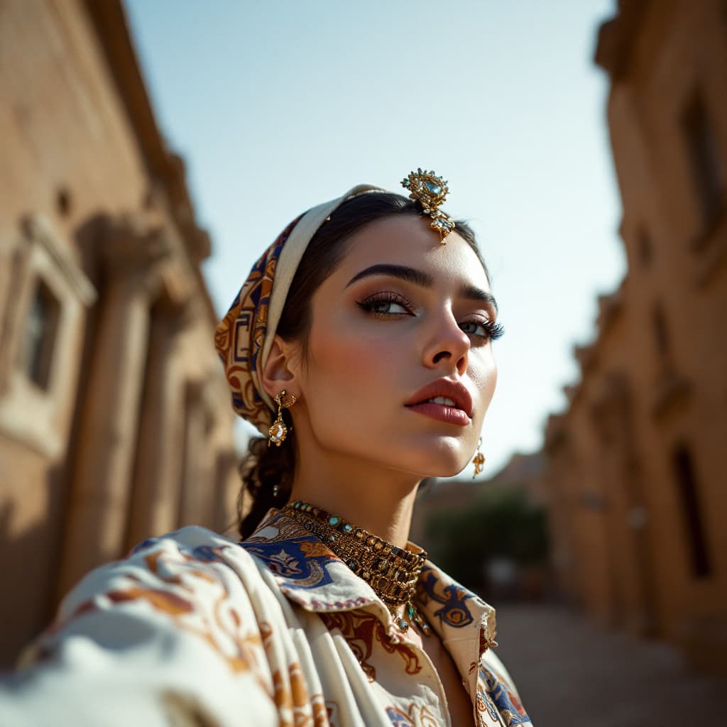AI generated: fashion editorial photograph, 
egyptian young woman, shot on a Canon EOS 5D Mark IV --chaos 75 --ar ...
