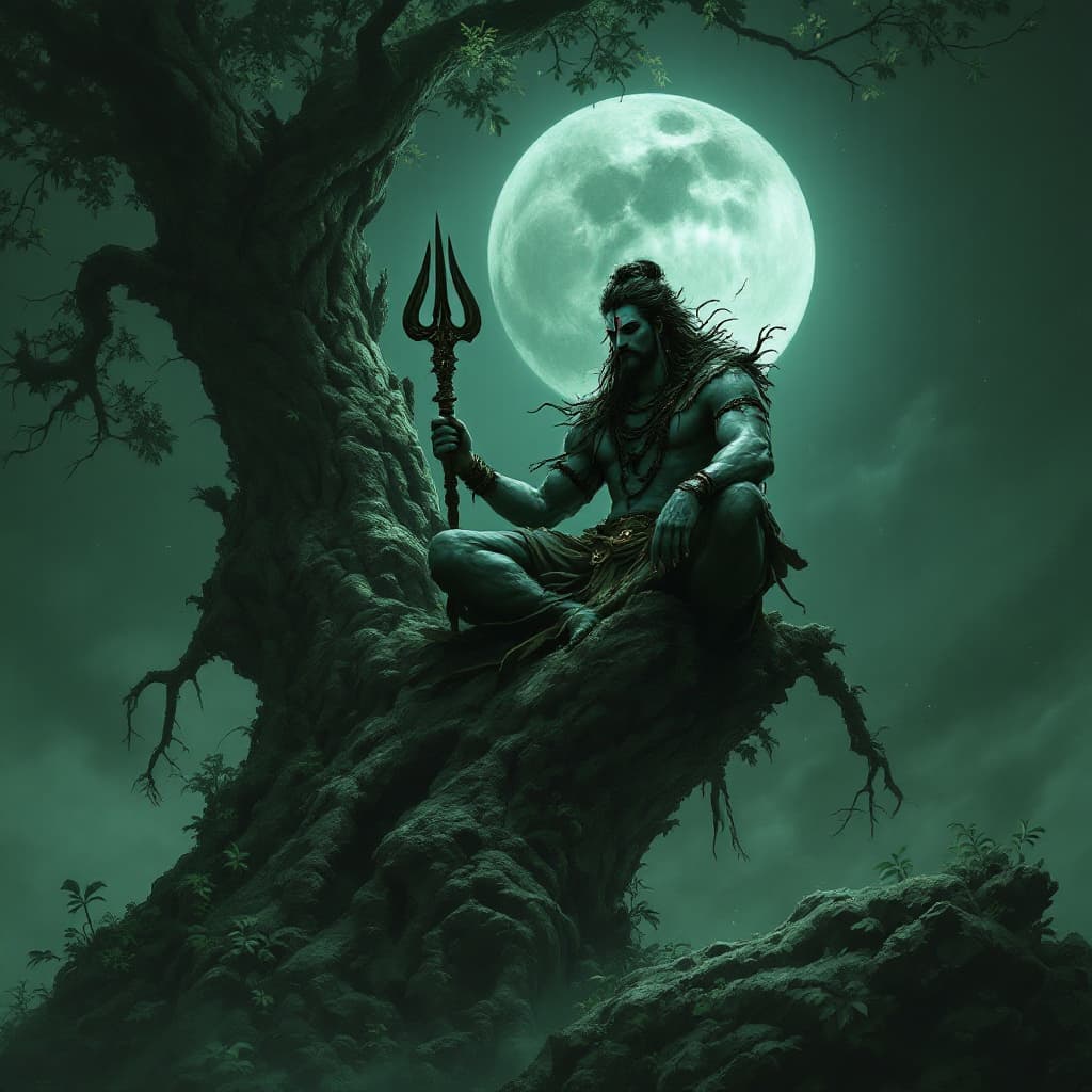 AI generated: A lord shiva figure sits on the edge of an old tree, holding a big trishul in one hand, under a full...