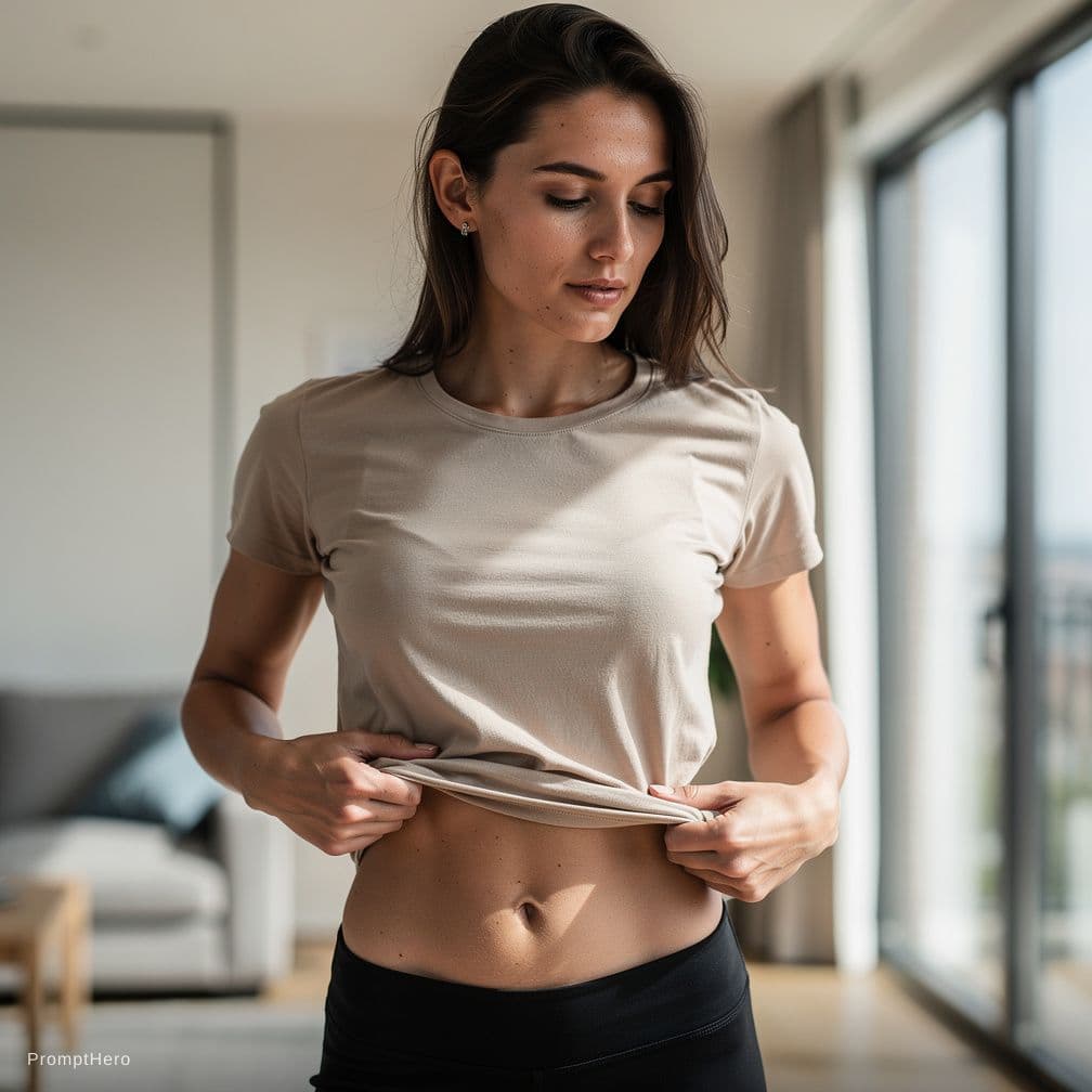AI generated: A candid medium shot of a woman from the head to the waist. She is pulling a tight cotton shirt up p...