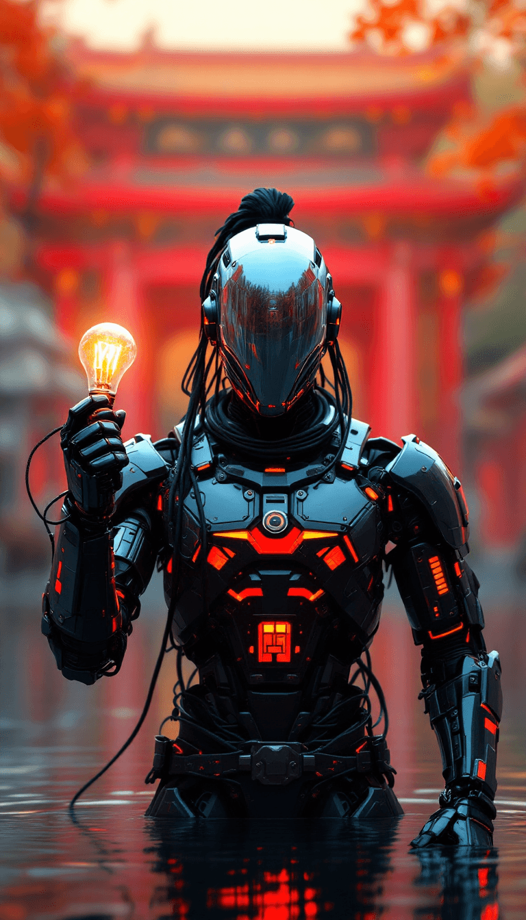 AI generated: ck-sfc style, male cyberpunk samurai robot, robot face with mirrored face shield, detailed helmet, b...