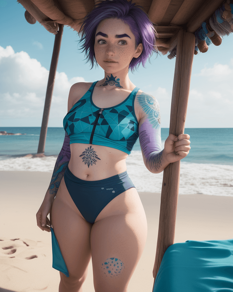 AI generated:  female in her 20's, medium sized,  stands on a beach, she is zipping down her top, front view, morn...