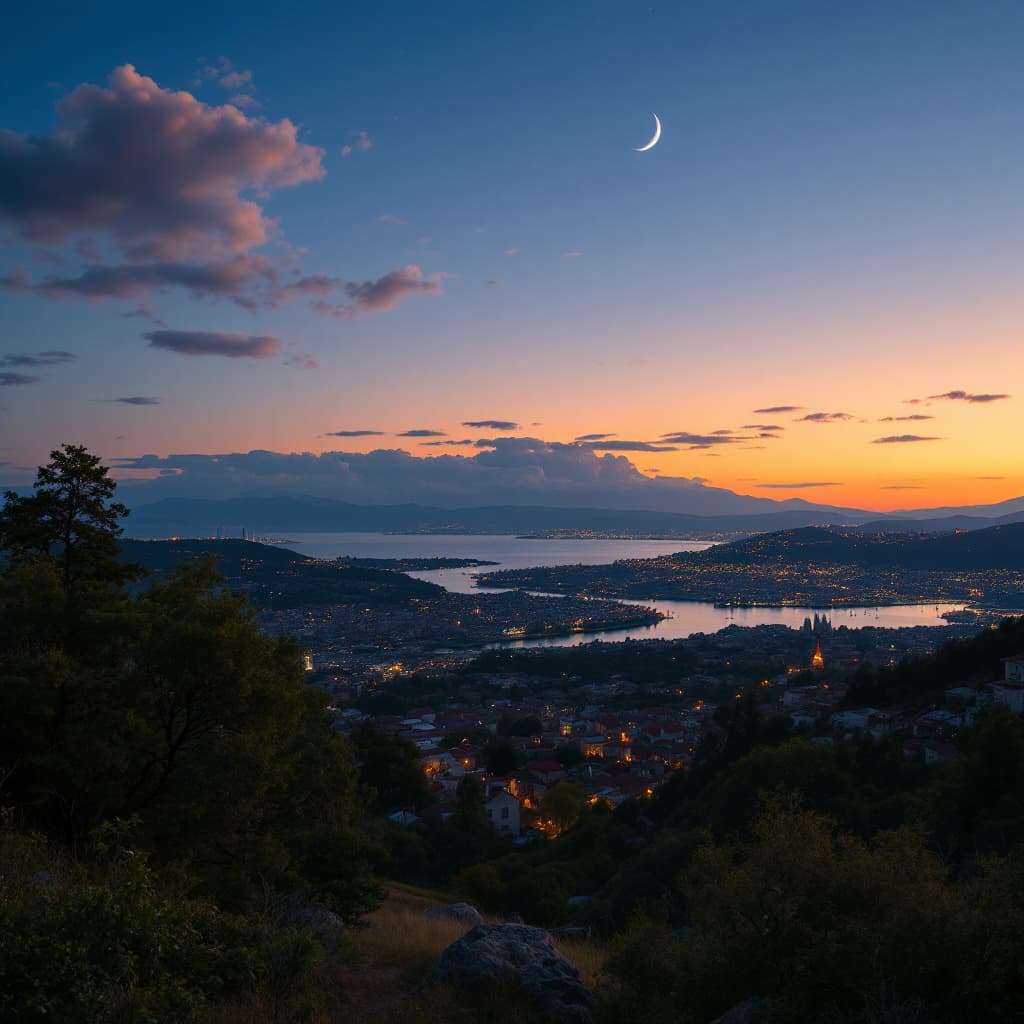 AI generated: A regional night in Anatolia, Turkiye. Detailed. Crescent moon in the sky. A Turkish flag in the bac...