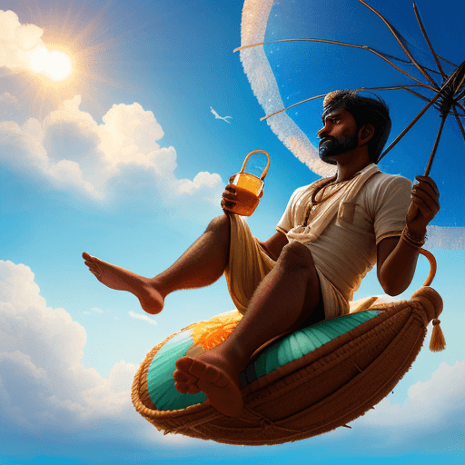 AI generated: 
a sky adorned with sunlit clouds, a typical Tamilian male relaxes atop a magical flying carpet flyi...