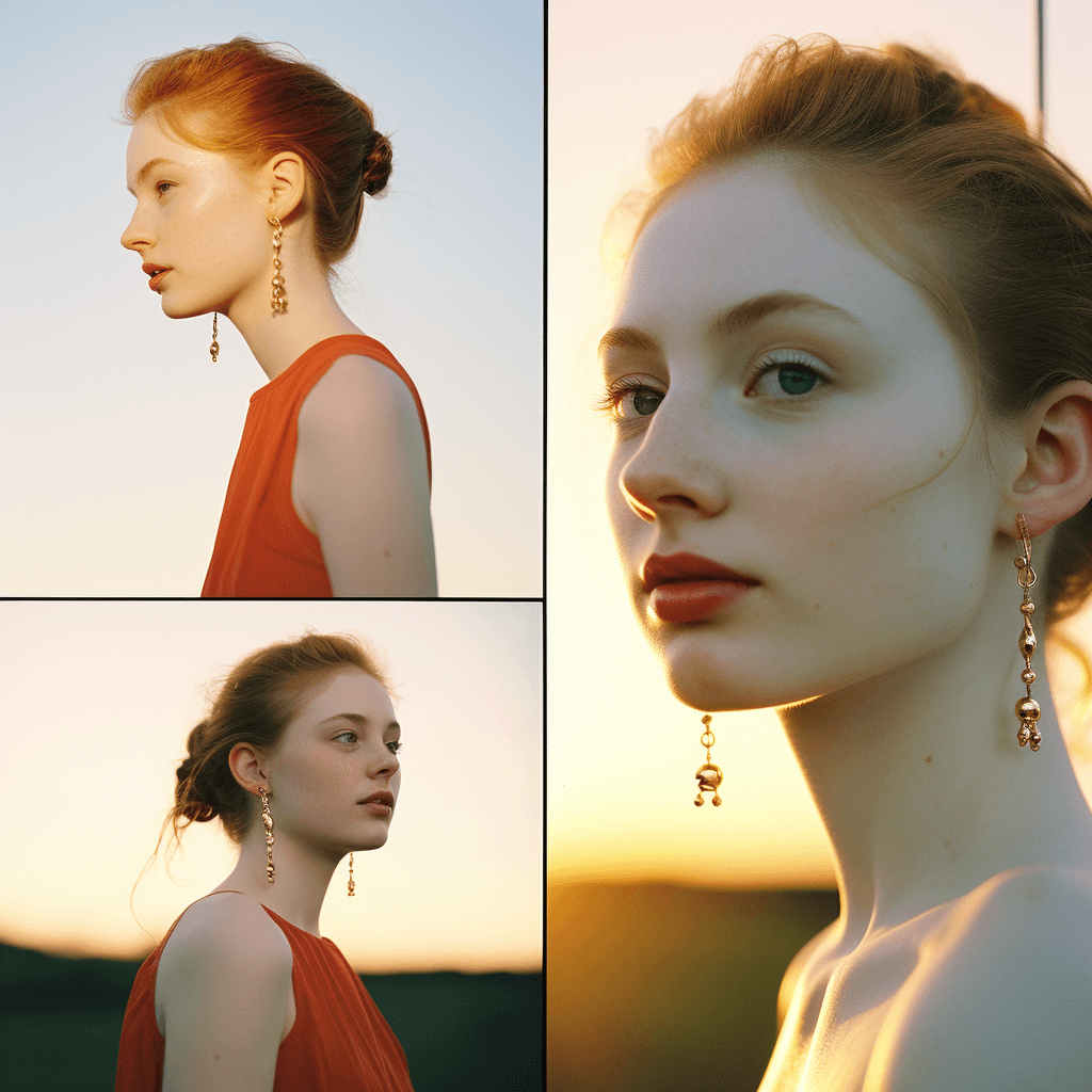 AI generated: realistic portrait photography of beautiful girl, pale skin, golden earrings, summer golden hour, ko...