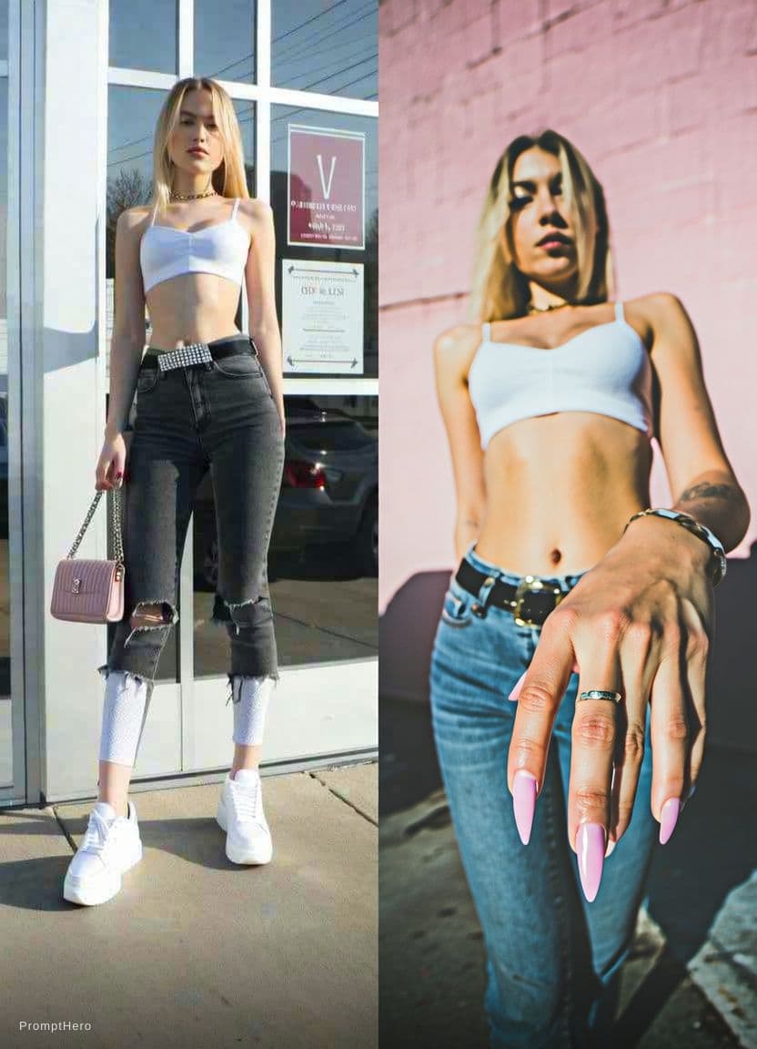 AI generated: size image, white sneakers,soft thighs, thigt jeans pants,Garage Sleek Scoop Cami long Top Sky Blue,...