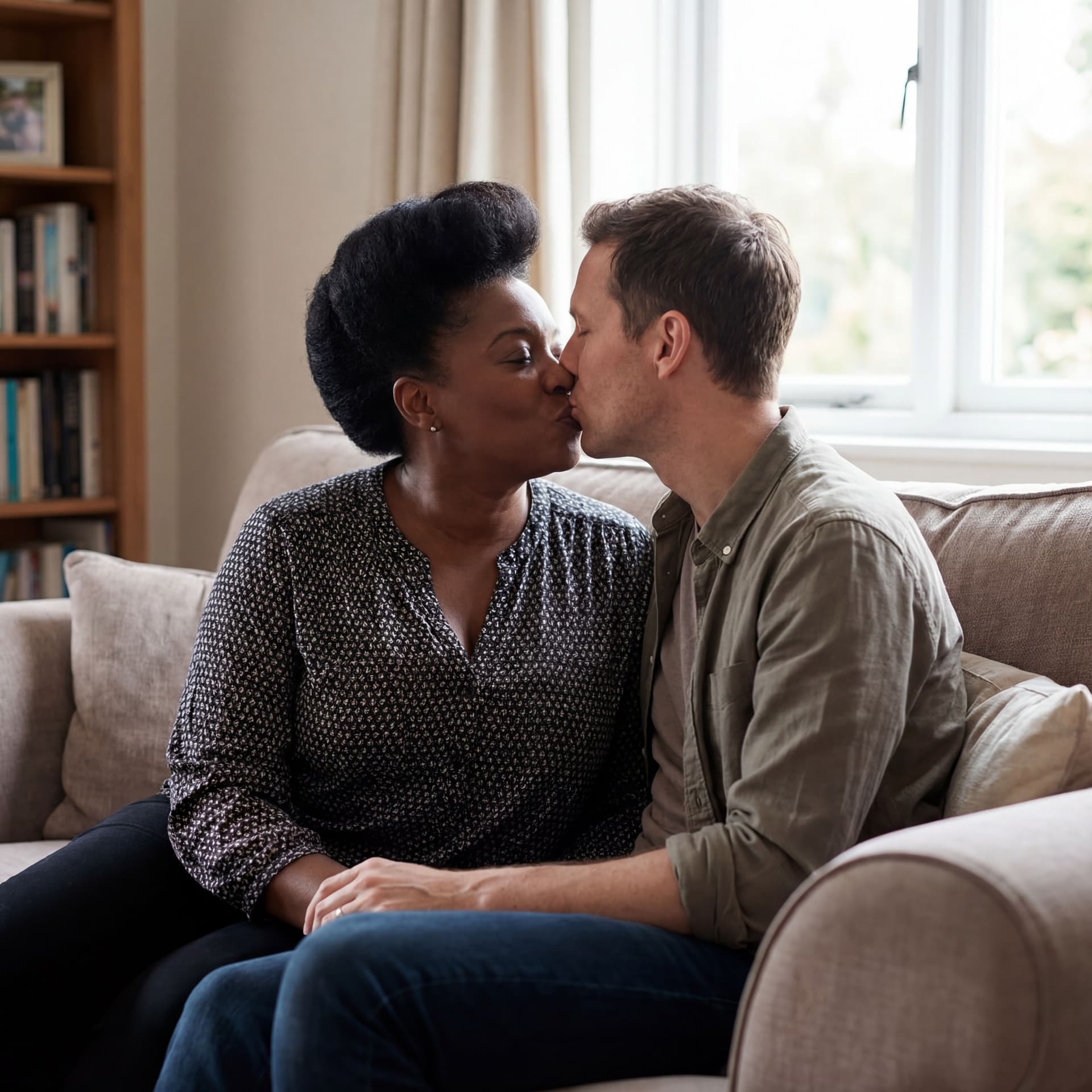AI generated: - tall, dark skin, mature african bbw woman, huge silicone tits, pompadour hair

- kissing a slim wh...