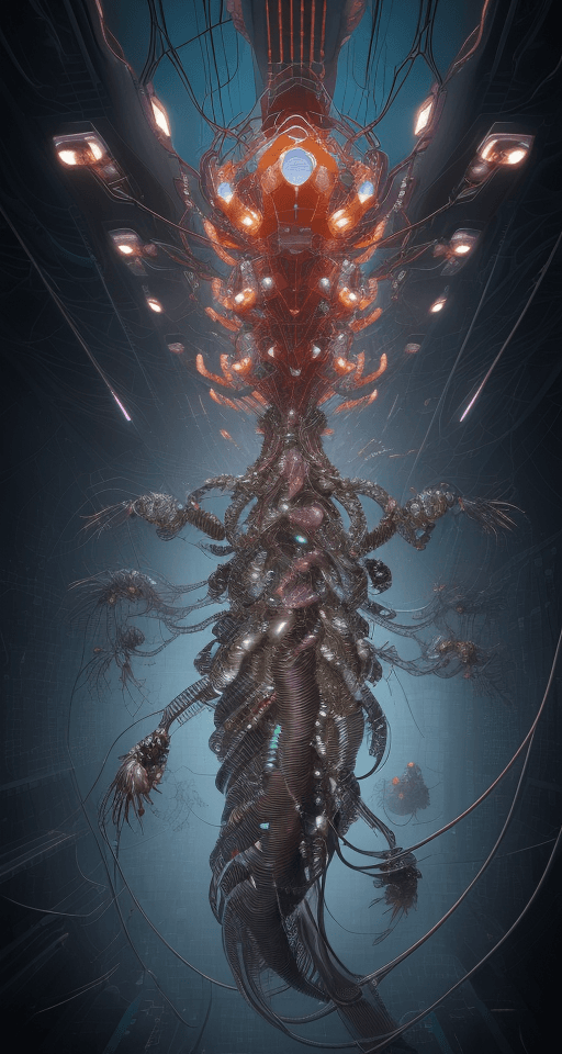 AI generated: shrimp connected to a huge variety of optical cables, cybernetic entangled in wires and cpu electron...