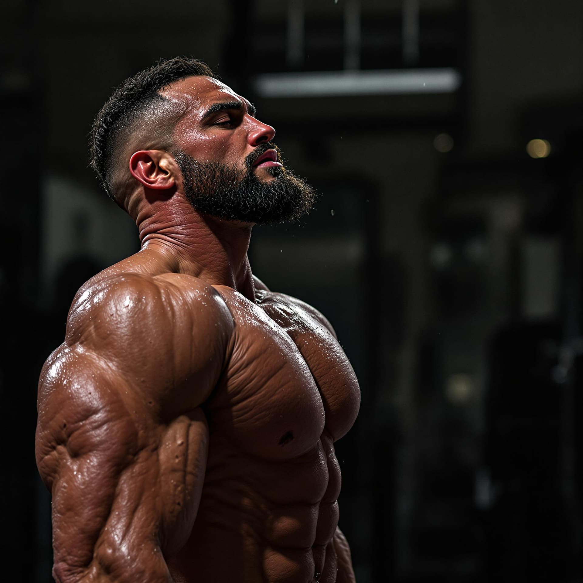 AI generated: Male body builder sweating.