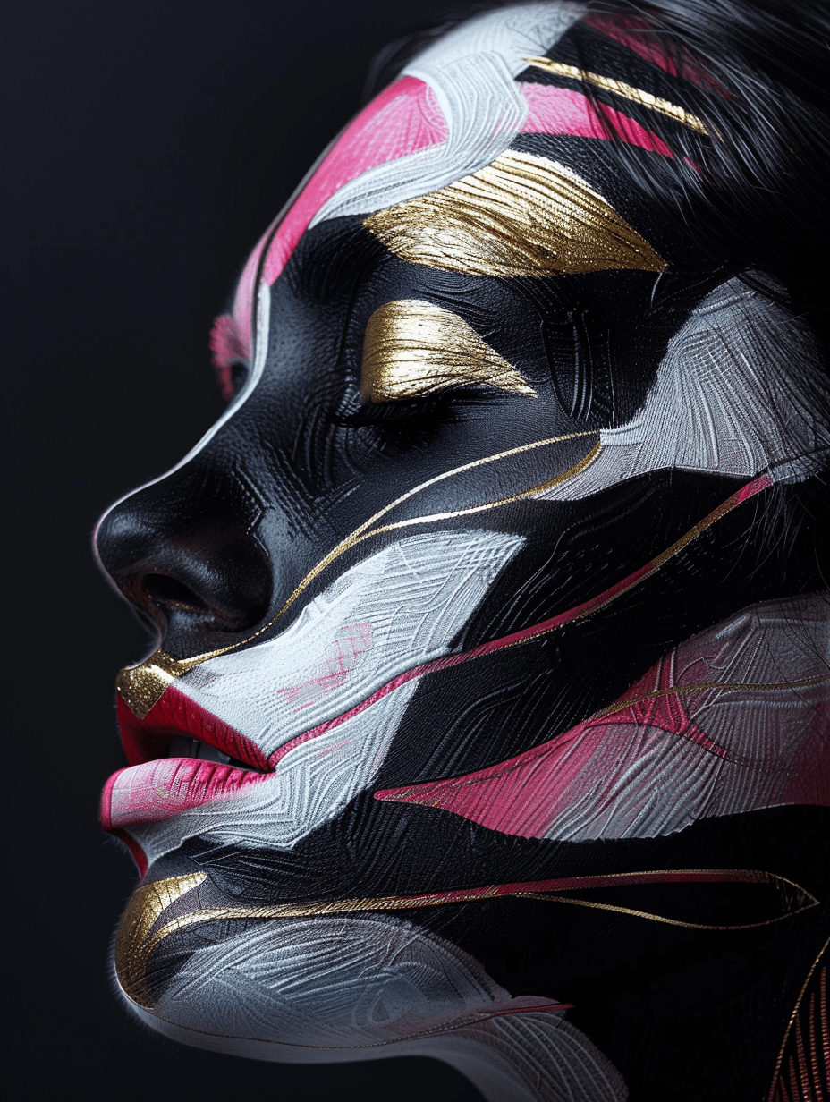 AI generated: portrait of a woman, body art, black, pink, white, abstraction, sculpted, shading, bold, 3D, UHD, fr...
