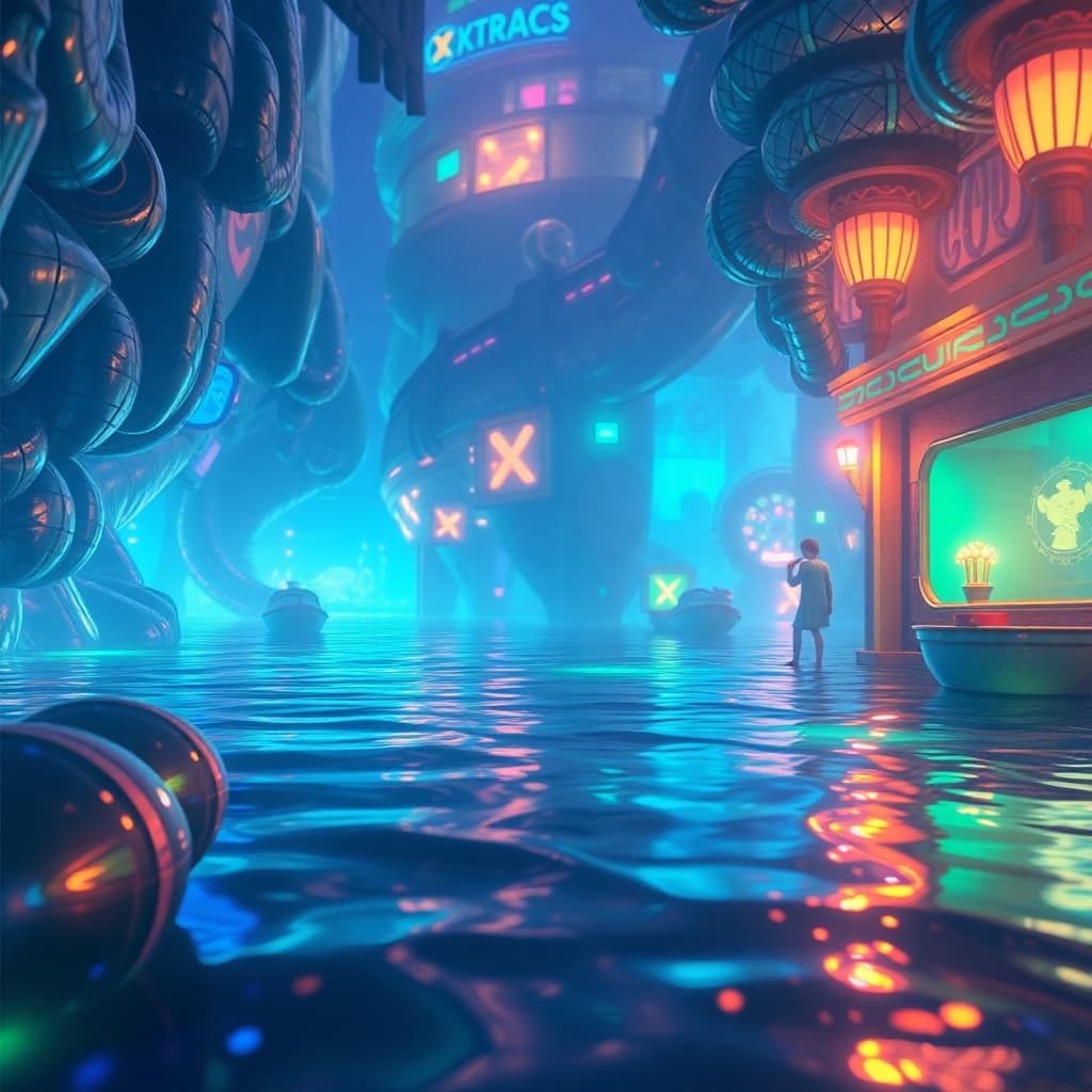 AI generated: Iridescent and bioluminescent colors illuminate a One Piece scene rendered with cell shading and Oct...