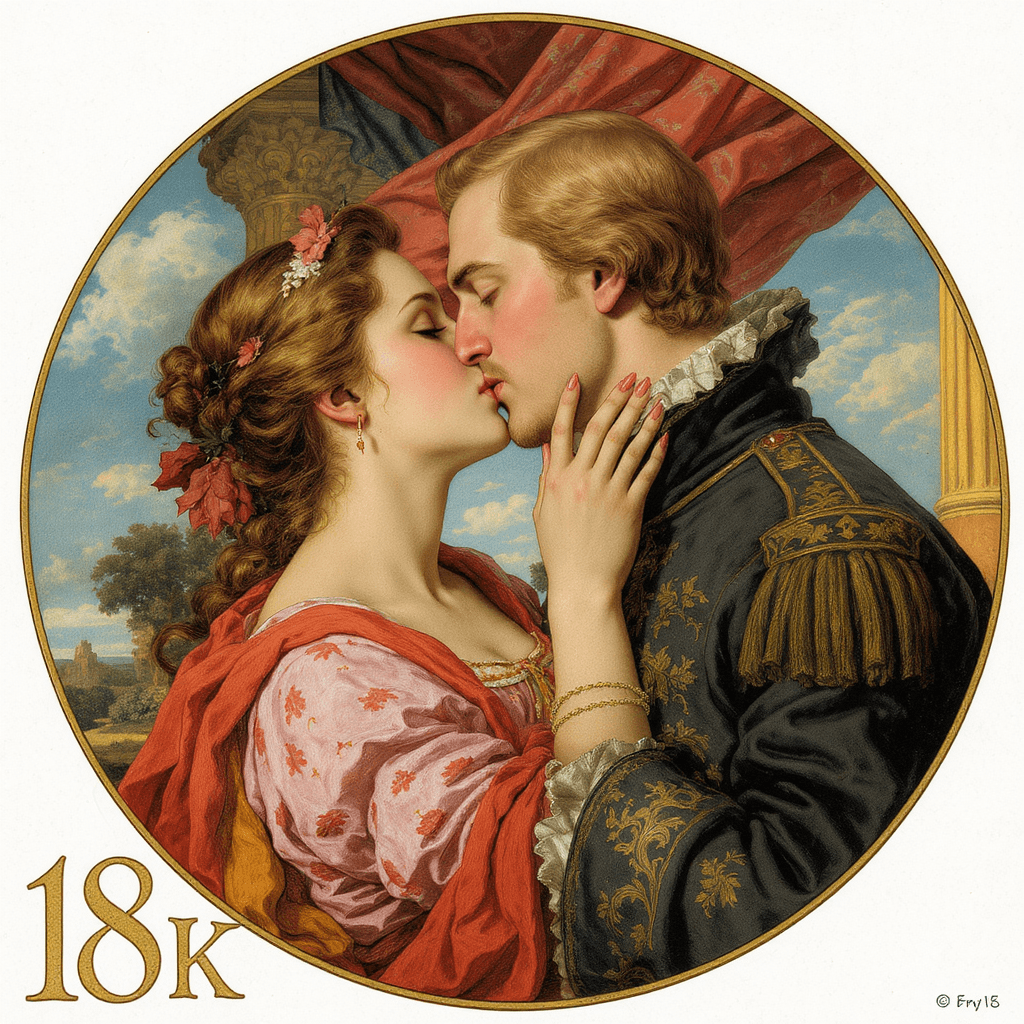 AI generated: Theme:  National Kissing Day

Prompt:  Noble kissing. In the style of Botticelli and Maxfield Parr...