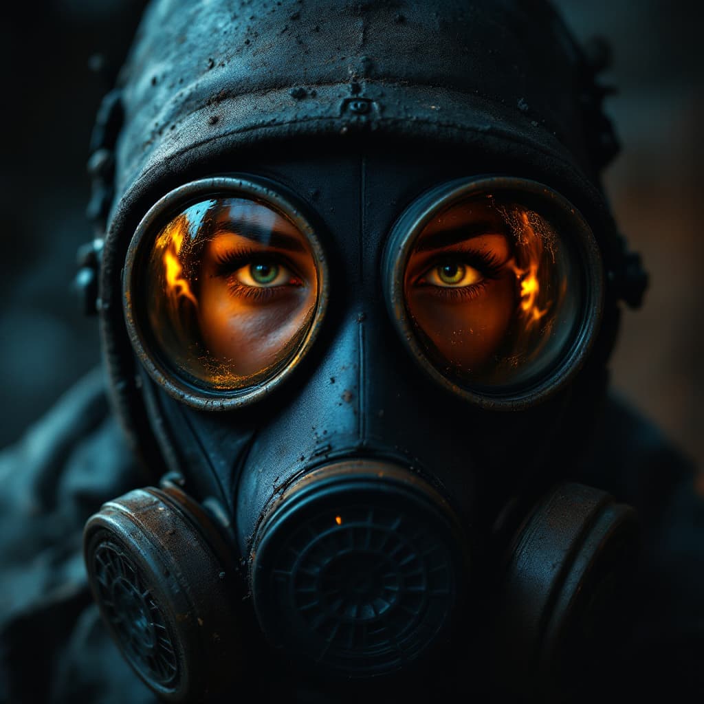 AI generated: A close-up shot of a Chernobyl liquidator's gas mask, filling the frame with gritty, realistic detai...