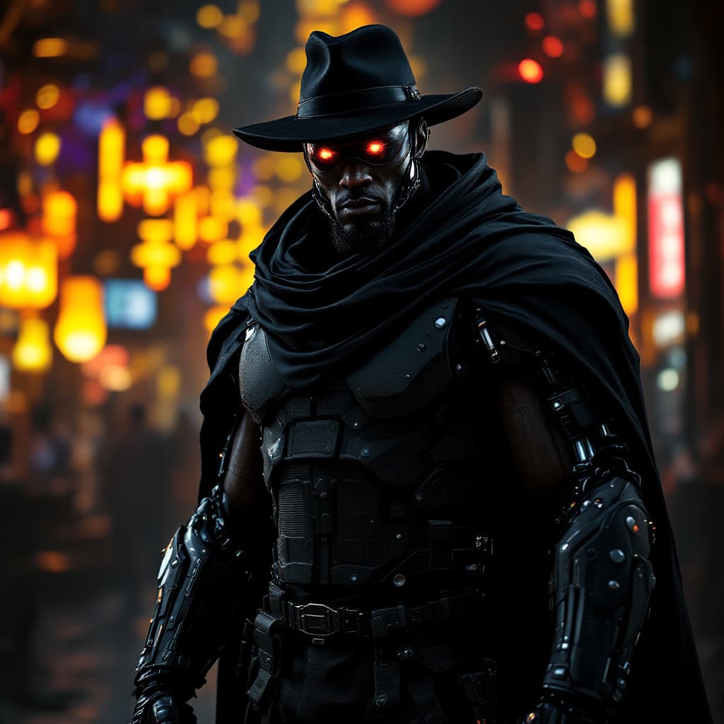 AI generated: photo of a black muscular strong african soldier with cyberlimbs, cybereyes, black mantle, hat, armo...