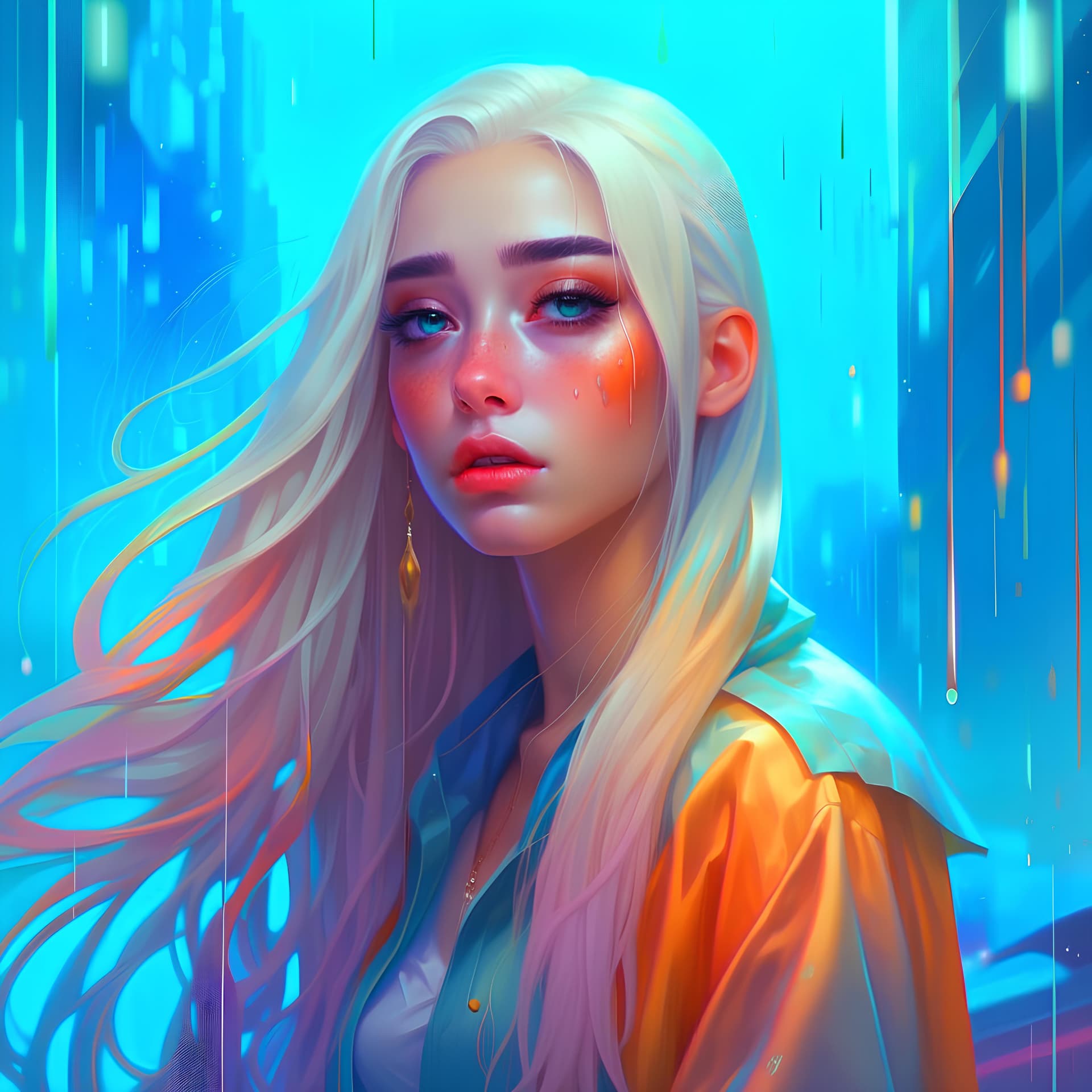 AI generated: a woman with long white hair standing in the rain, inspired by rossdraws, pixiv contest winner, star...