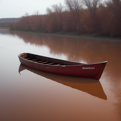 AI generated: an empty boat floating in the red river.
