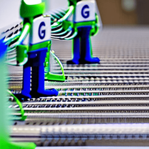 AI generated: Conveyor belt with green Google Android robots being upgraded by faceless engineers