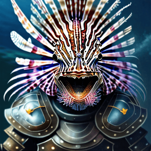 AI generated: lionfish face warrior, wearing medieval deep sea armor with diving helmet, large gauntlets, holding ...