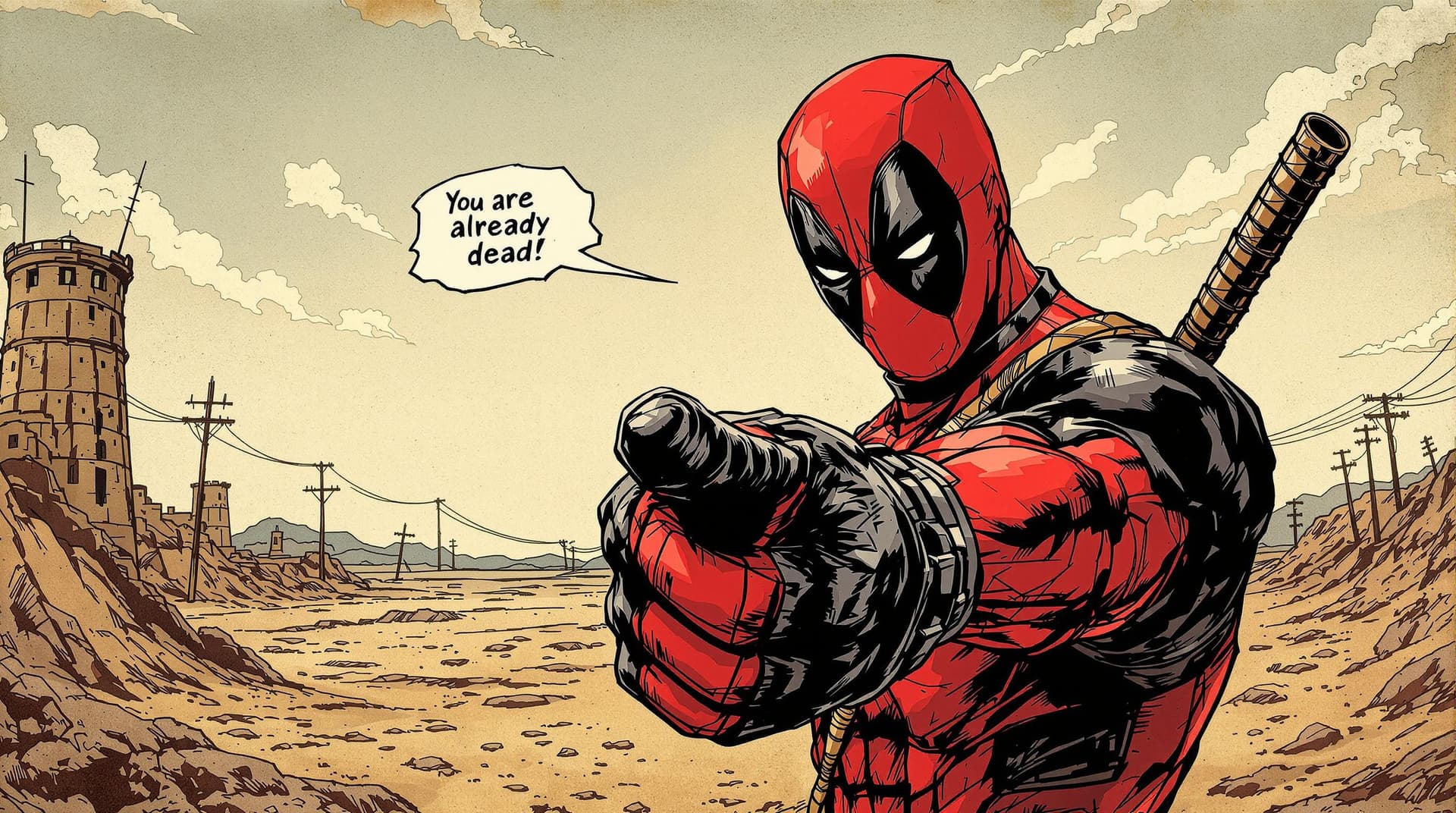 AI generated: High tension, Grunge, Color Comic style illustration of Deadpool, a powerful character from 'Fist of...