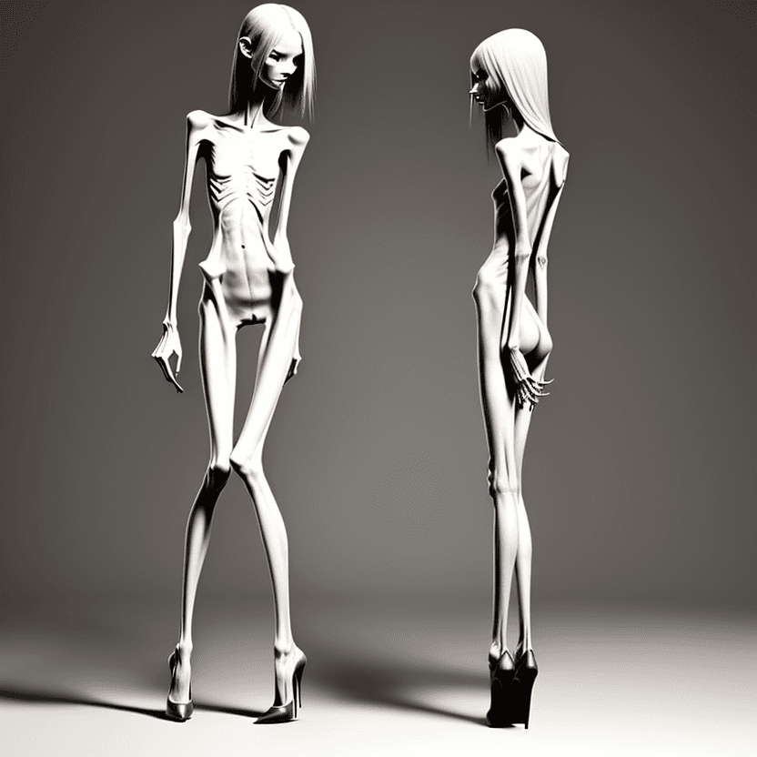 AI generated: naked very skinny anorexic legs in high heels, high heels, the tips of the shoes are very long towar...