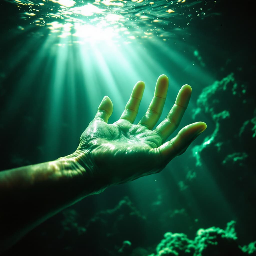 AI generated: emerald color serene underwater scene depicting a closeup hand of alien, floating gracefully in a be...