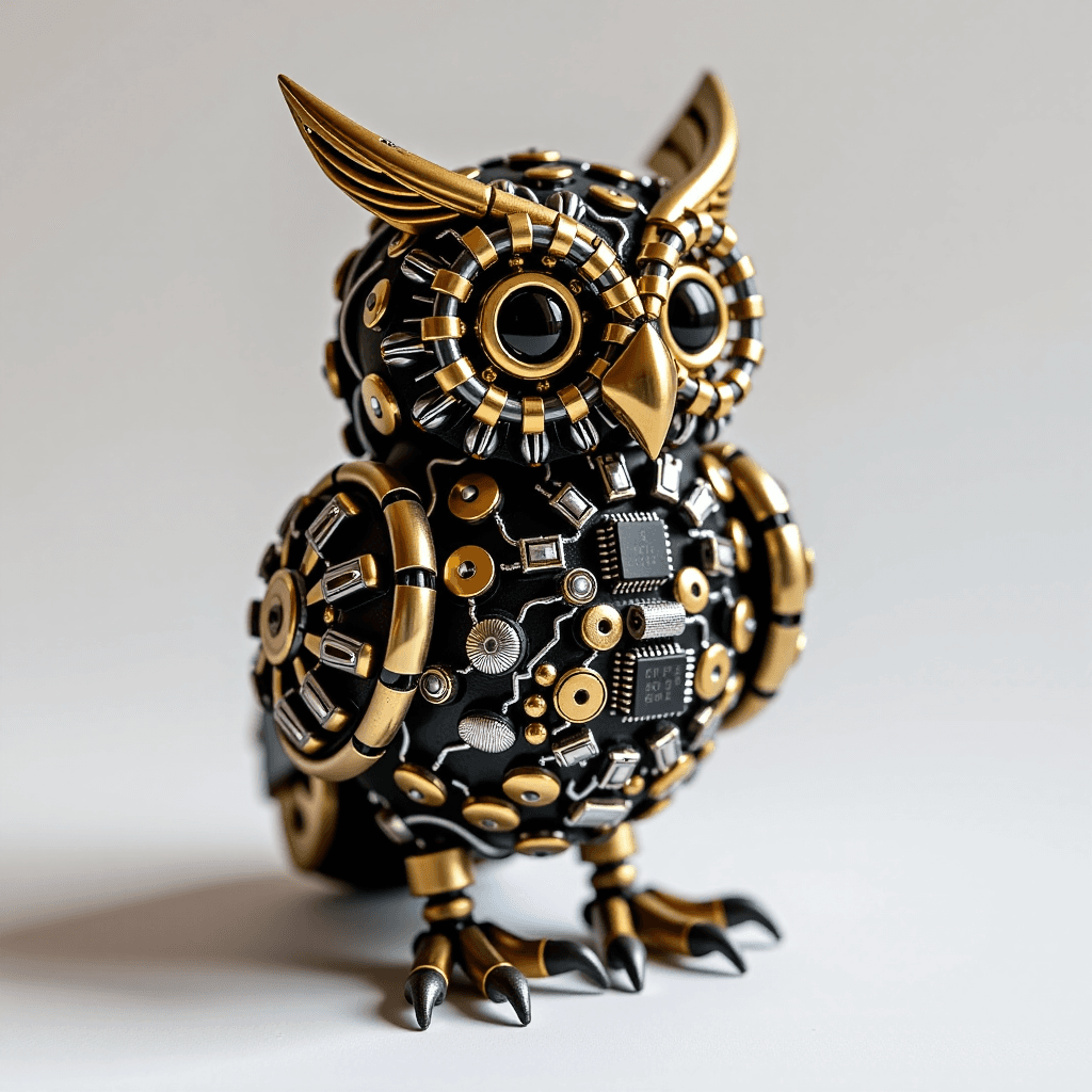 AI generated: A steampunk-style owl sculpture built using resistors for feathers and microchips for eyesâââ