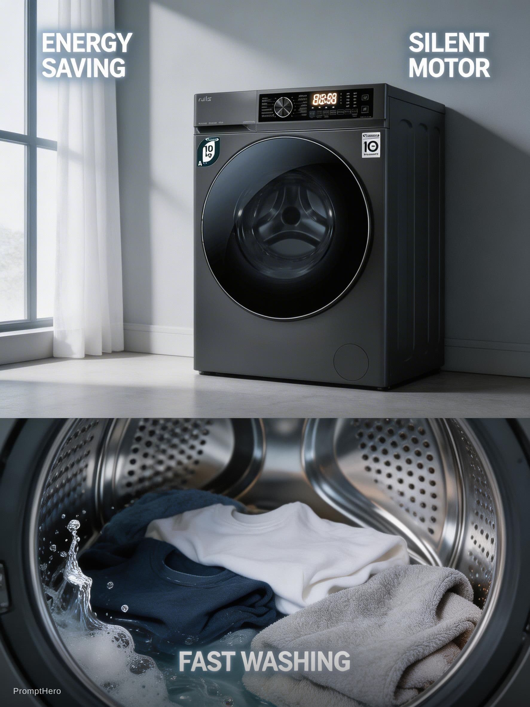 AI generated: as shown in the image, a modern washing machine standing in a stylish minimal interior room, soft na...