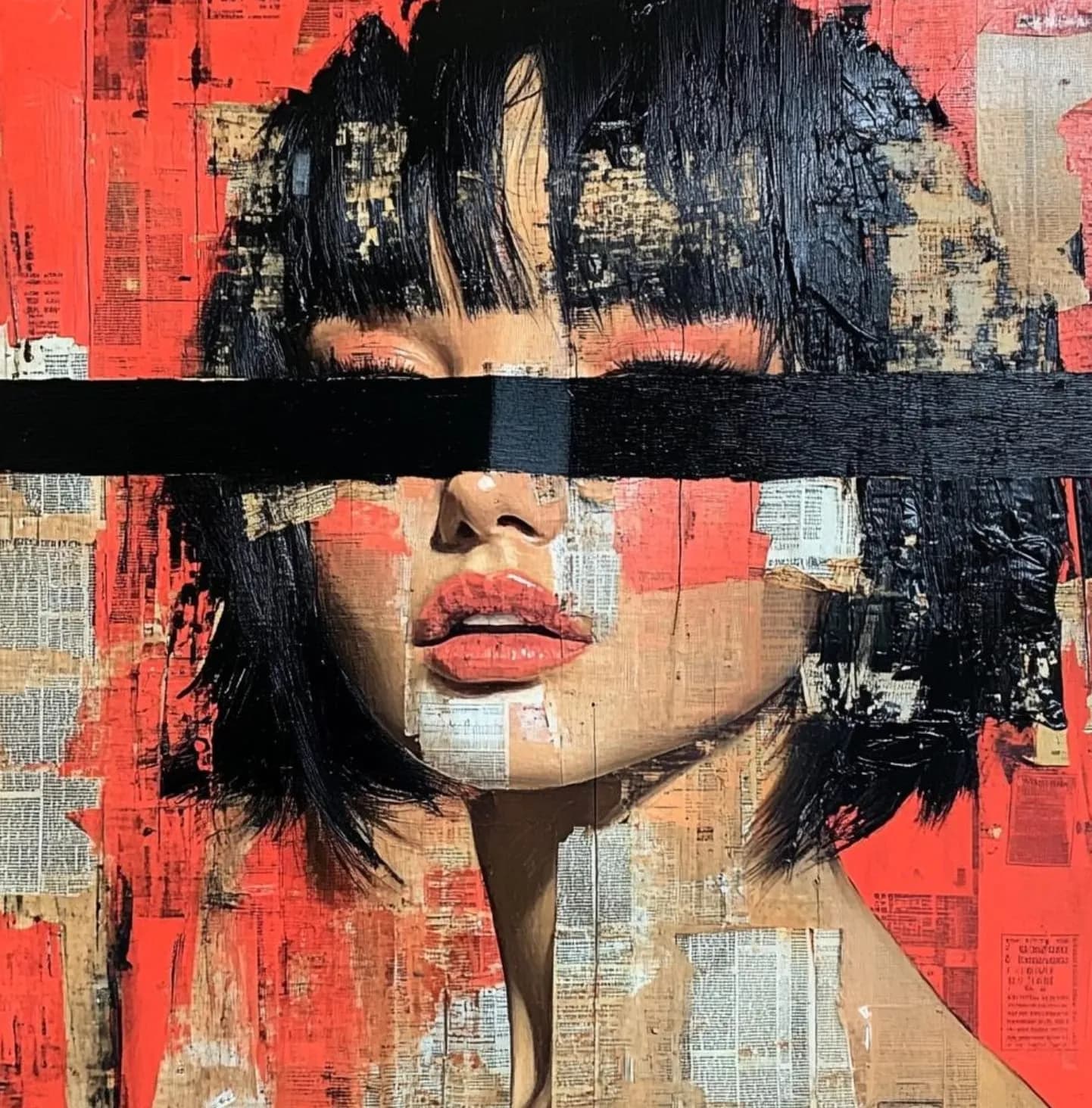 AI generated: a painting of a girl with black hair with her head slightly tipped back with a black thick line acro...