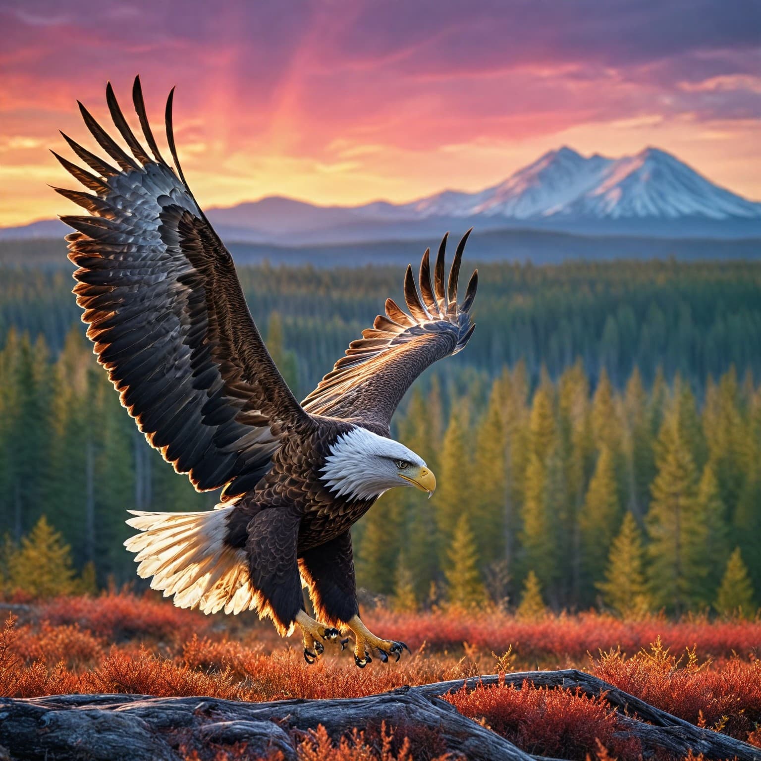 AI generated: wide photoshoot of flying eagle, Siberian taiga in the background, soft lighting, saturated colors, ...
