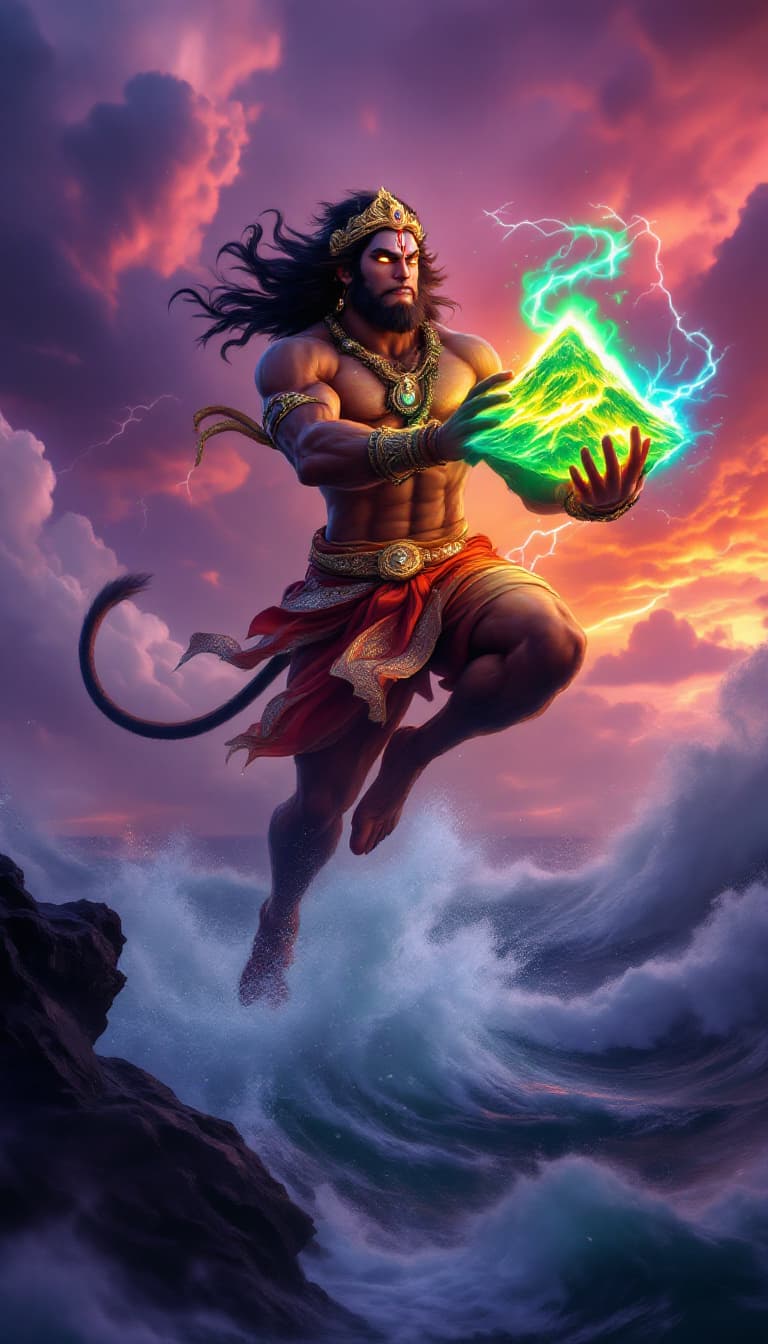 AI generated: "Generate an ultra-realistic image of Lord Hanuman leaping mid-air across a stormy ocean at dusk, hi...