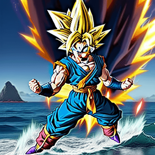 AI generated: Super Saiyan Vegito from anime Dragon Ball, charging Ki, on the the sea