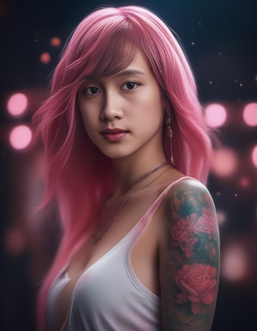 AI generated: (anime figurine), long pink hair, (covered in tattoos), (embarrassed, blushing), (slender body), per...