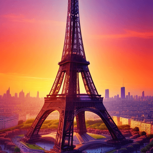 AI generated: The floral Eiffel tour, sunset, vibrant colors, intricate details, high-quality artwork