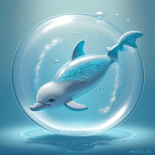 AI generated: Light blue playful dolphin playing a bubble, with shiny scales and a curved tail, by Ocean Animation...