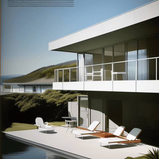 AI generated: Hyper realistic eye level exterior photo of a mid century modern style house overlooking the ocean, ...