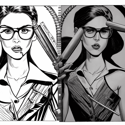 AI generated: In the style of Tim Sale, Cool girl with glasses, pleated skirt, white dress shirt with rolled up sl...
