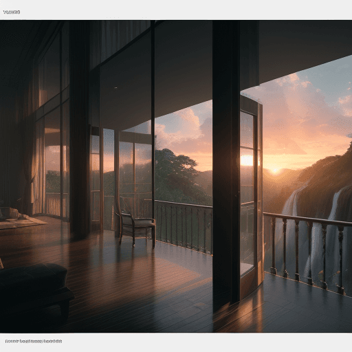AI generated: a wonderful house on the waterfall, featuring large windows that open onto a long balcony. the sunse...