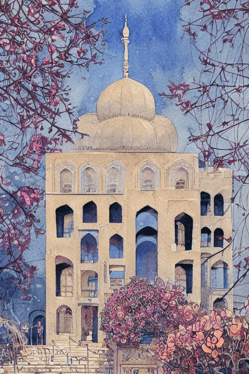 AI generated: a beautiful urban sketching watercolour painting of Persian architecture, flowers, by victo ngai, jo...